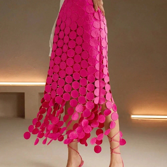 Pink Casual Women's Laser Cut Multi Circle Double Layered Skirt - Picture 3 of 7